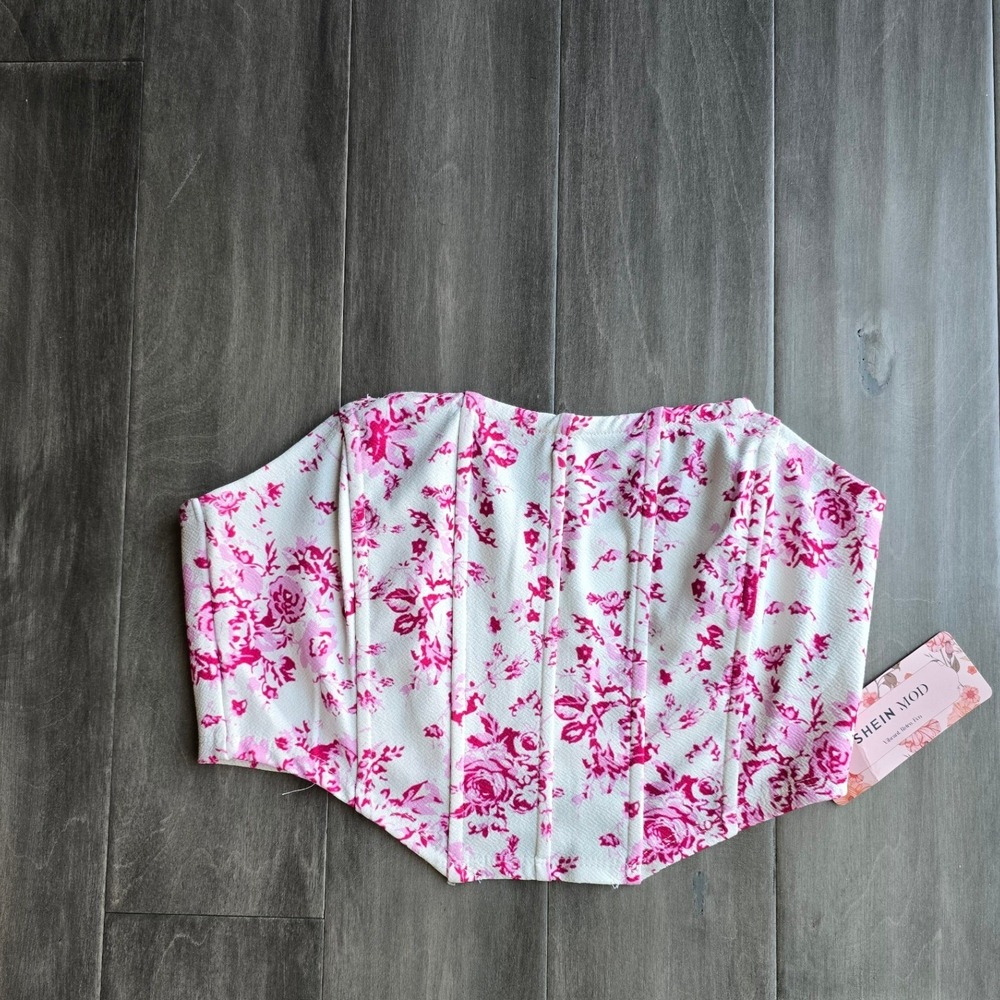 Shein Mod Pink Floral Corset Tube Top Strapless Handkerchief Hem NWT Large